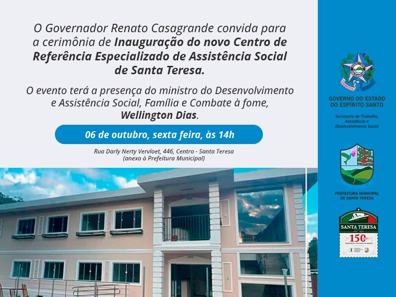 Prefeitura de Santa Teresa inaugura CREAS na próxima sexta (06)