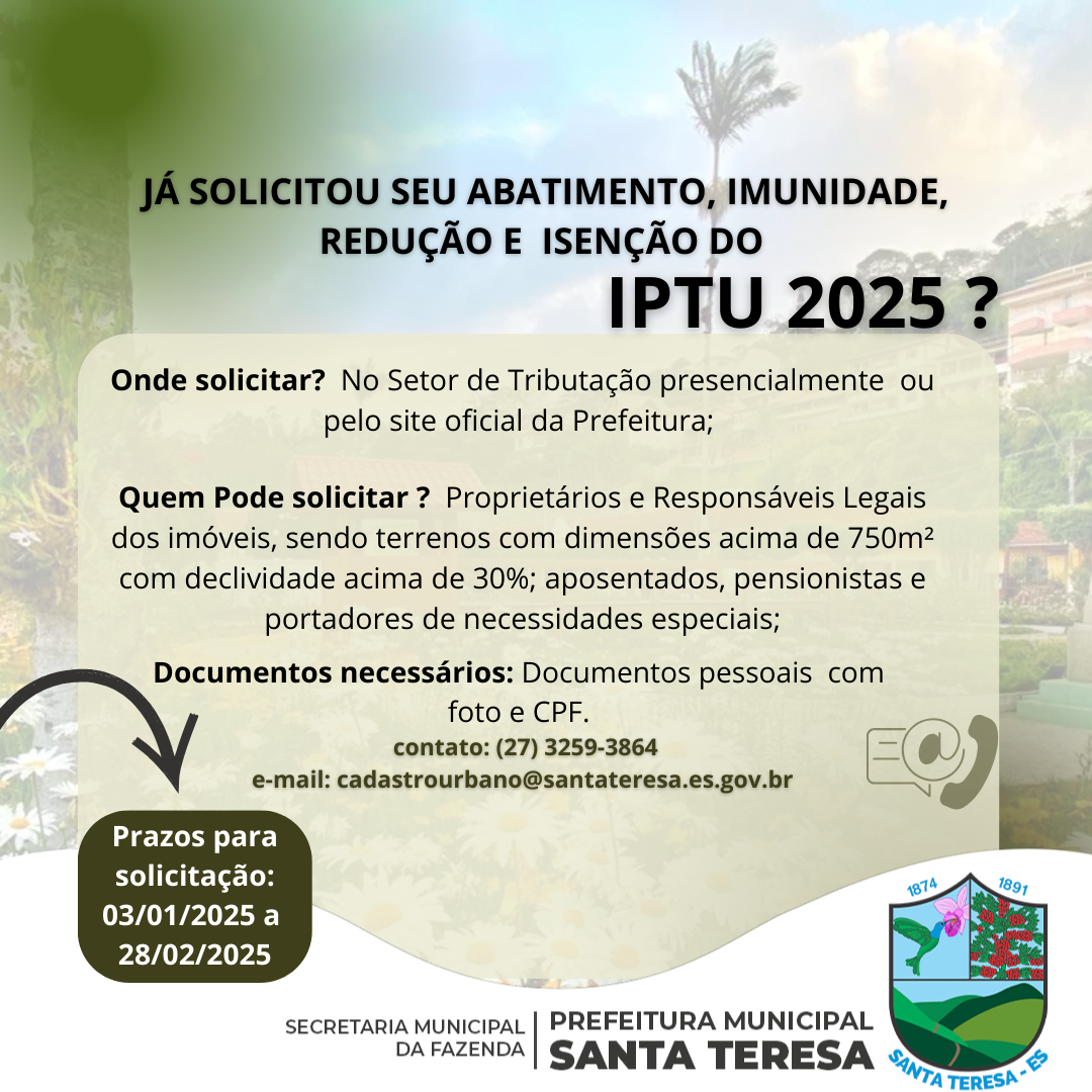 Abatimento, imunidade redução e isenção do IPTU 2025