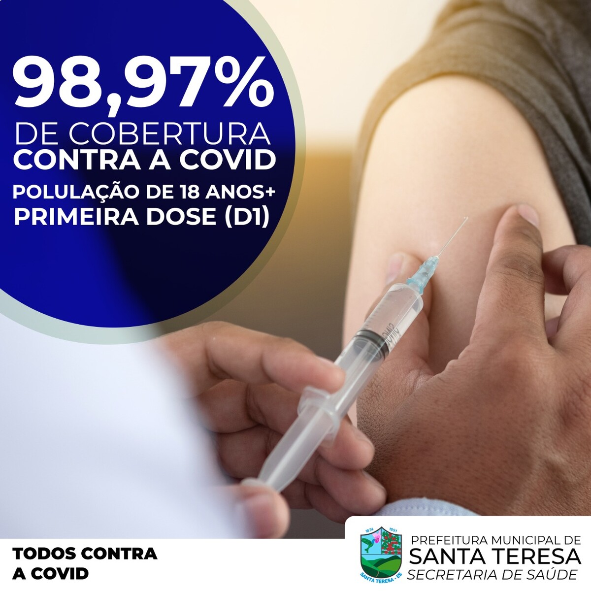 Santa Teresa tem 98,97% da população acima de 18 anos vacinada com a primeira dose 