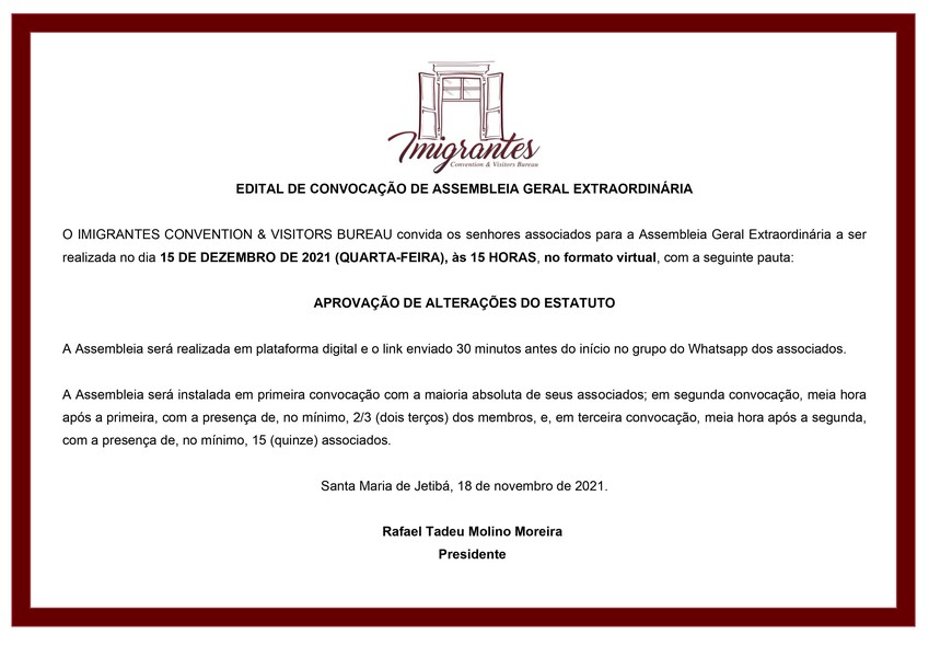 Assembleia Geral Ordinária do Imigrantes Convention e Visitours Bureau