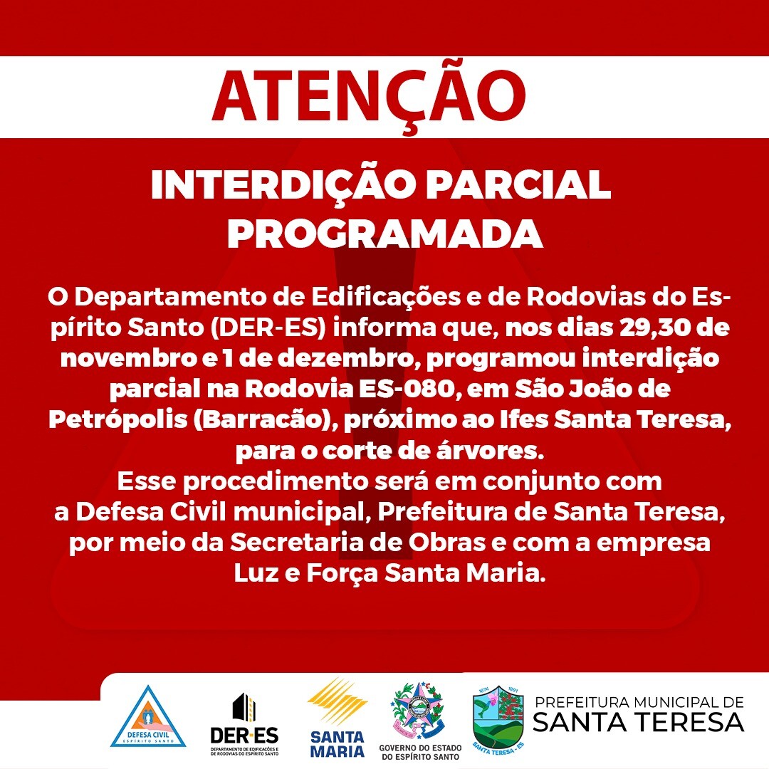 DER-ES interdita ES-080 em São João de Petrópolis na terça (29) para corte de árvores
