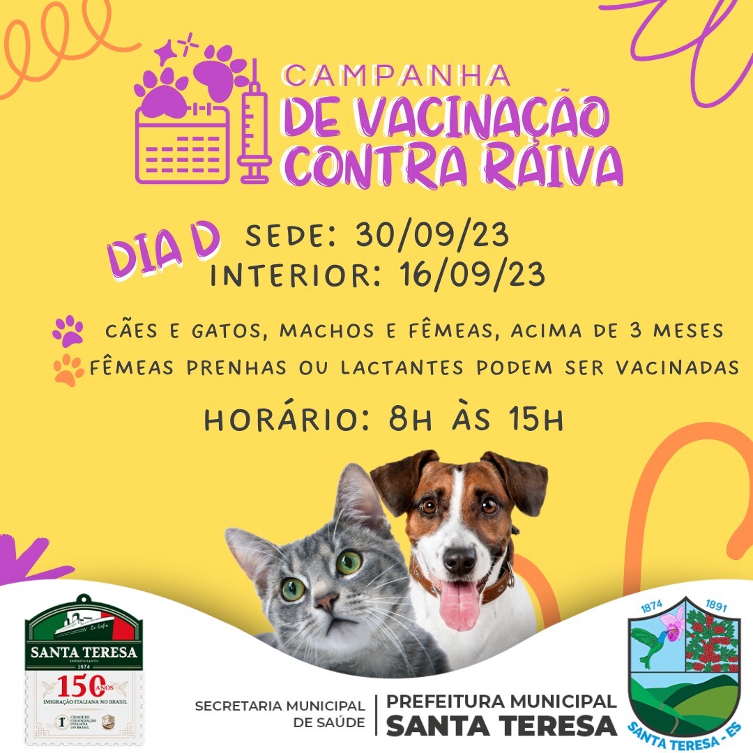 A campanha anual de vacinação antirrábica animal irá começar dia 21 de agosto de 2023!