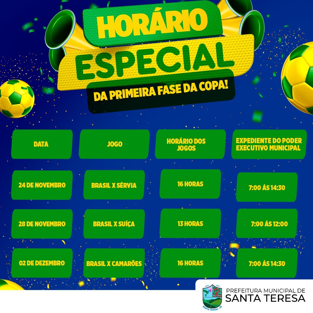 Prefeitura fixa os horários de expediente durante os jogos da seleção brasileira na Copa do Mundo
