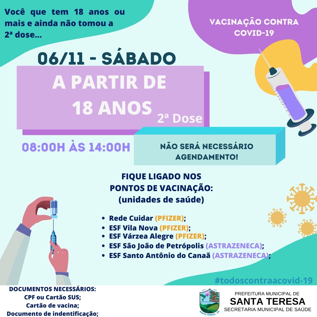 Segunda dose de vacina para quem tem 18 anos ou mais 