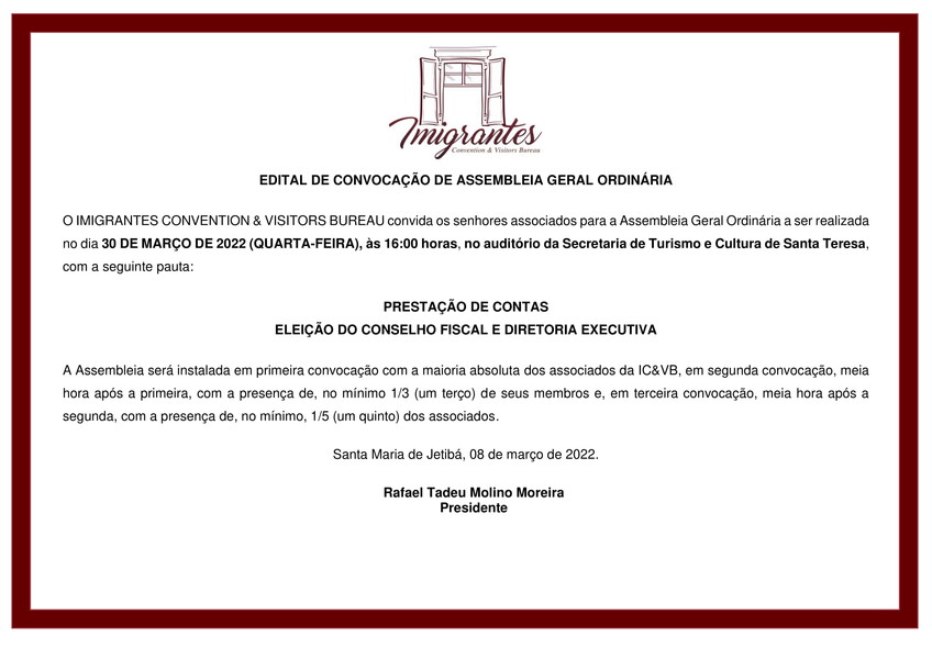 Edital de Convocação da Assembleia do Imigrantes Convention 
